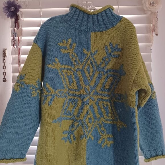 VTG 90's Express Tricot 100% Wool Snowflake Sweater Women’s M Colorblock Chunky - Picture 6 of 8